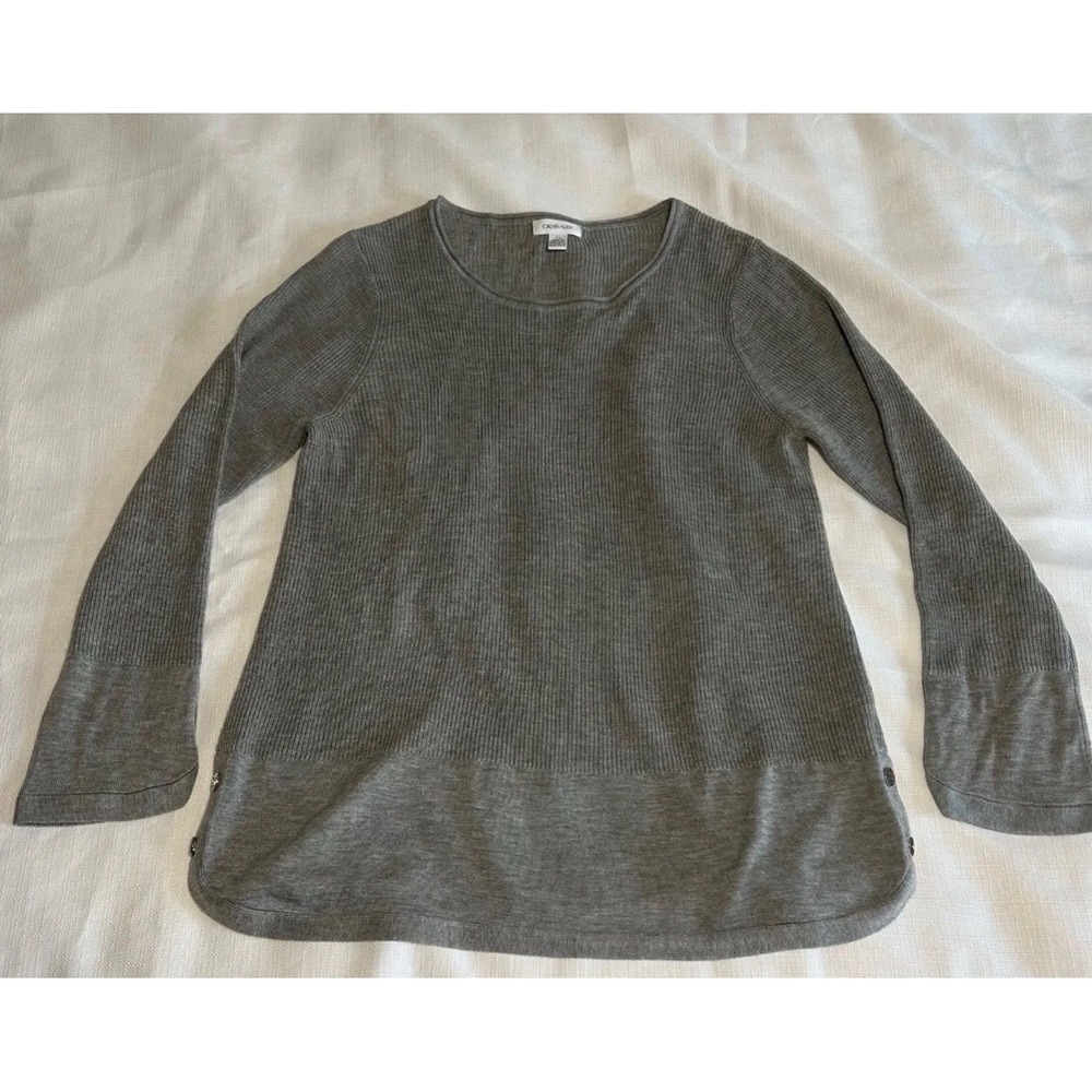 Calvin Klein Womens Gray Ribbed Knit Button Cuff Bell Sleeve Sweater Large